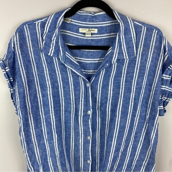 JACHS Girlfriend Blue White Striped Linen Blend Tie Front Shirt Medium - Picture 4 of 11